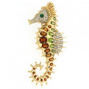 Gold seahorse brooch with diamonds and precious gemstones
