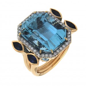 Aquamarine, diamond and sapphire ring