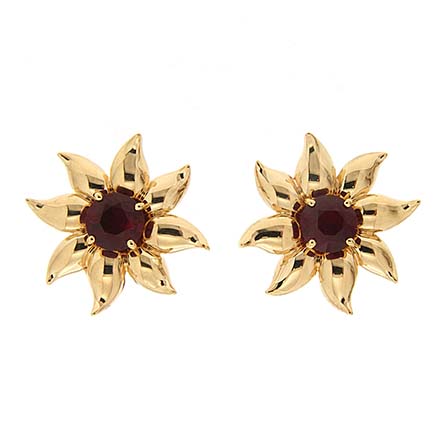 Gold Flower Leaf Jackets Ruby Earrings