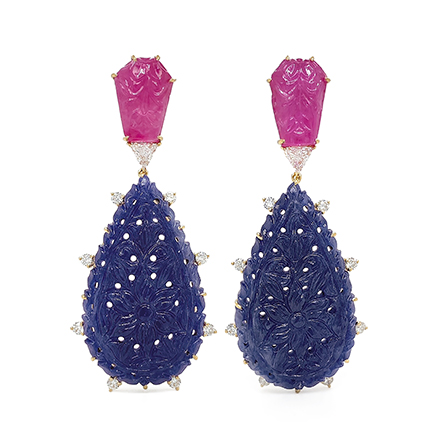 Hand Carved Ruby and Sapphire Earrings